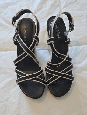 Kelly & Katie Black Wedge Sandals with Cream Trim